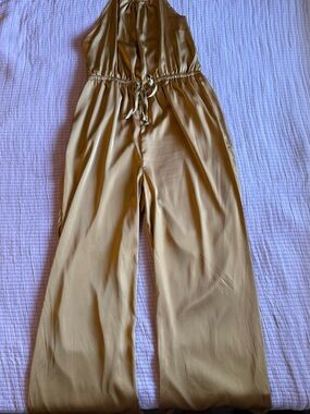 Amiana Wide-Leg Halter Jumpsuit in Gold